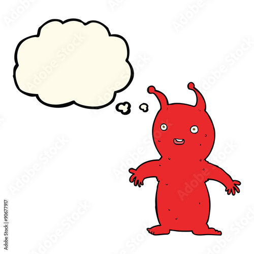 cartoon happy little alien with thought bubble