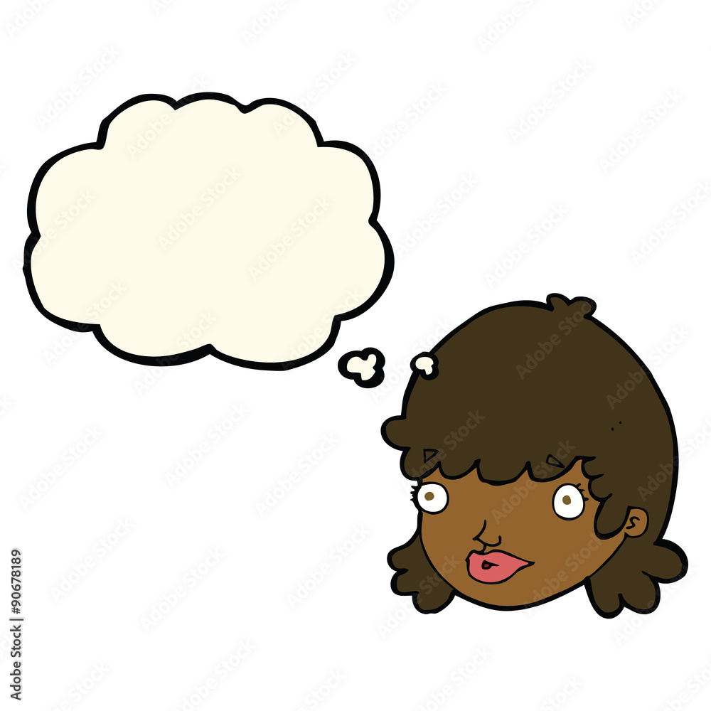 cartoon female face with surprised expression with thought bubbl