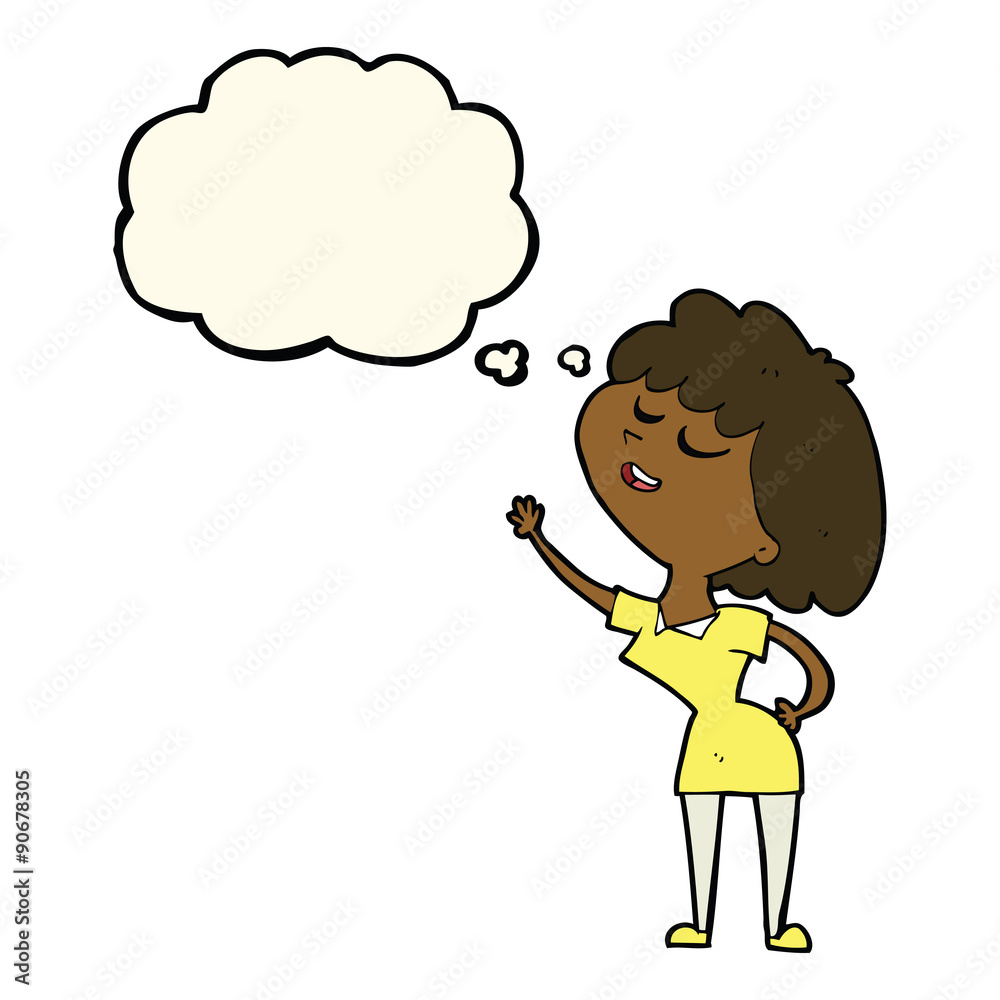 cartoon happy woman about to speak with thought bubble cartoon happy woman about to speak with thought bubble