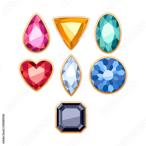 Colorful gemstones in golden rim vector illustration.