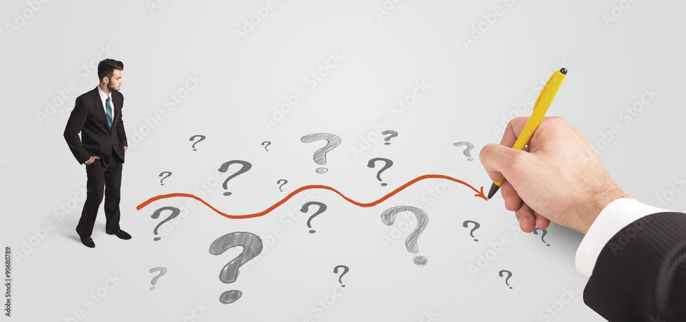 Business man looking at question marks and solution path Business man looking at question marks and solution path