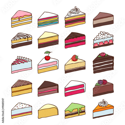 Colorful sweet cakes slices set vector illustration.