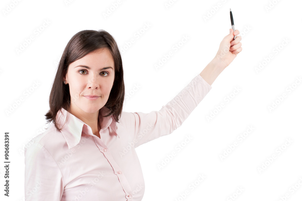 Portrait of happy smiling beautiful young cheerful business woman showing something. Portrait of happy smiling beautiful young cheerful business woman showing something.
