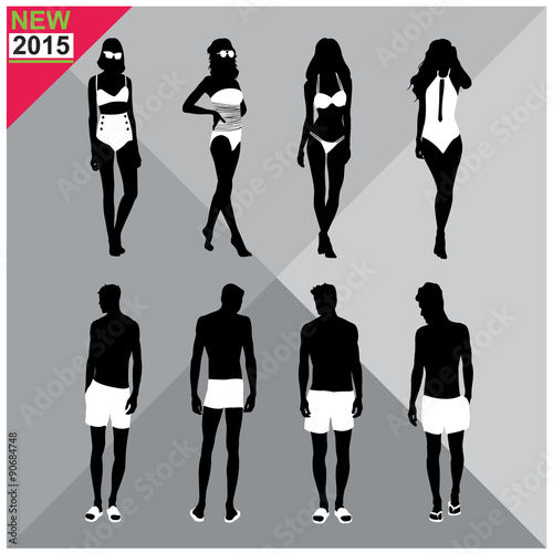 Beachwear / Swimwear swimsuits summer attire women men black silhouettes with white cloths on top,totally editable,set,collection