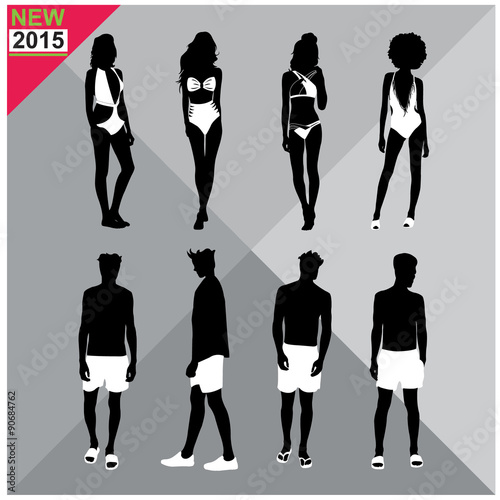 Beachwear / Swimwear swimsuits summer attire women men black silhouettes with white cloths on top,totally editable,set,collection
