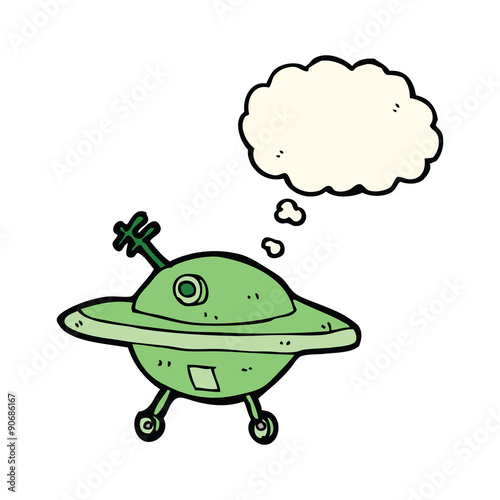 cartoon flying saucer with thought bubble