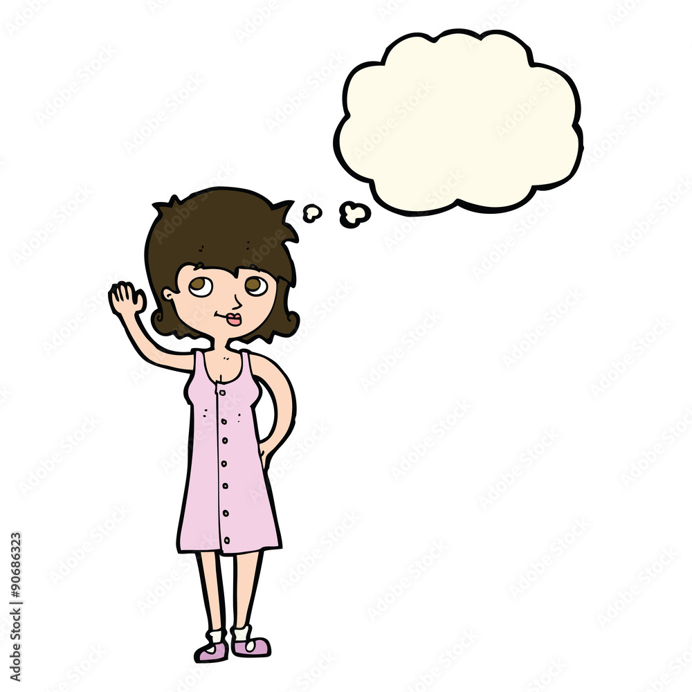 cartoon pretty woman waving with thought bubble cartoon pretty woman waving with thought bubble