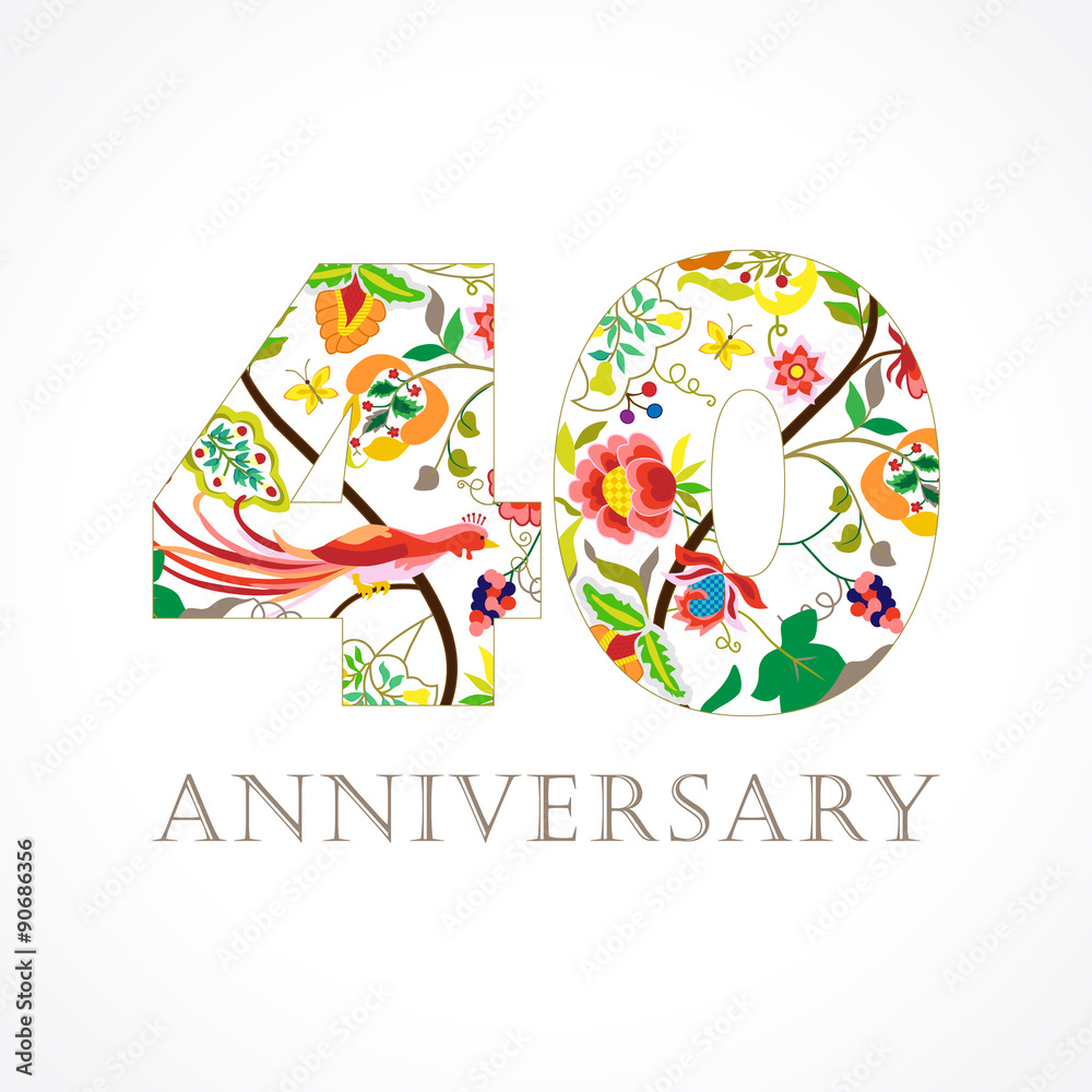 Naklejka premium 40 anniversary folk logo. Template logo 40th anniversary in folk style with bird. 