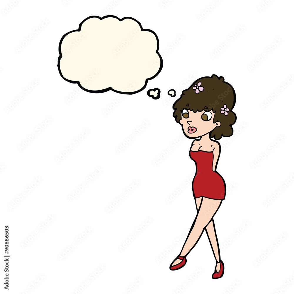 cartoon woman posing in dress with thought bubble cartoon woman posing in dress with thought bubble
