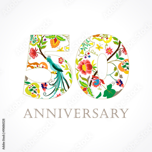 50 anniversary folk logo. Template logo 50th anniversary in folk style with bird. 