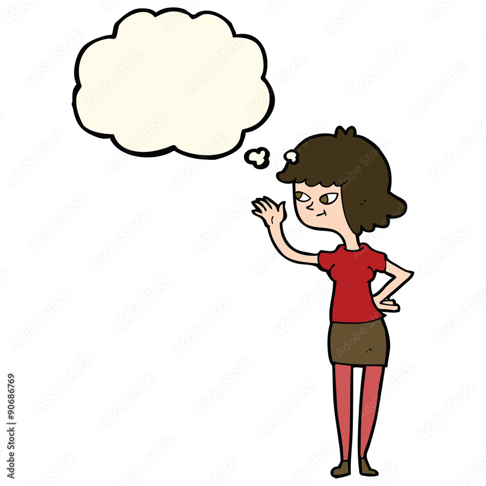 cartoon friendly girl waving with thought bubble cartoon friendly girl waving with thought bubble