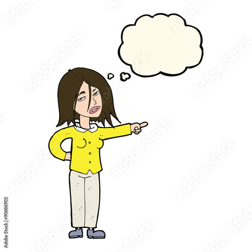 cartoon woman pointing with thought bubble