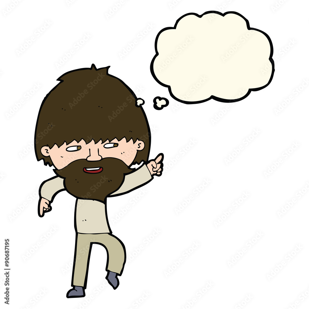 cartoon bearded man pointing and laughing with thought bubble