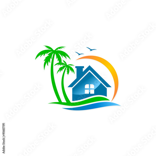 house vila palm tree beach travel logo
