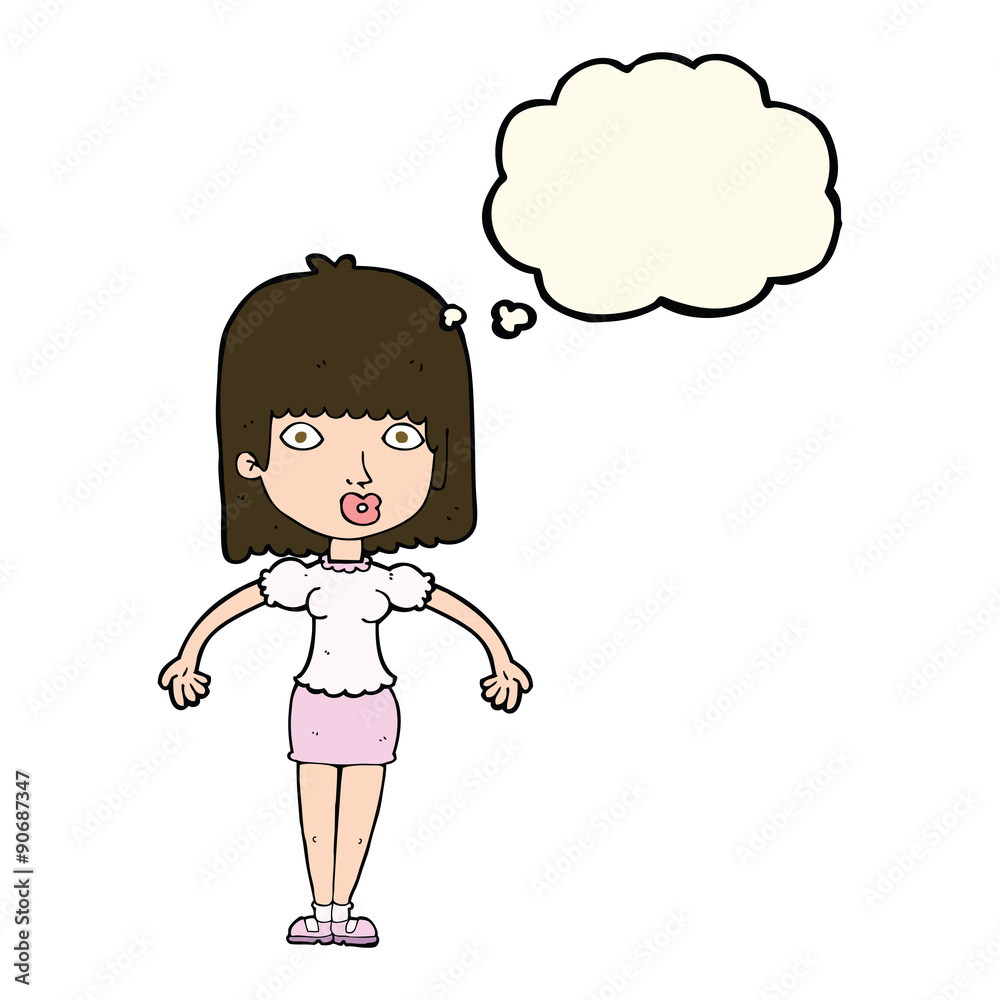 cartoon woman shrugging shoulders with thought bubble cartoon woman shrugging shoulders with thought bubble