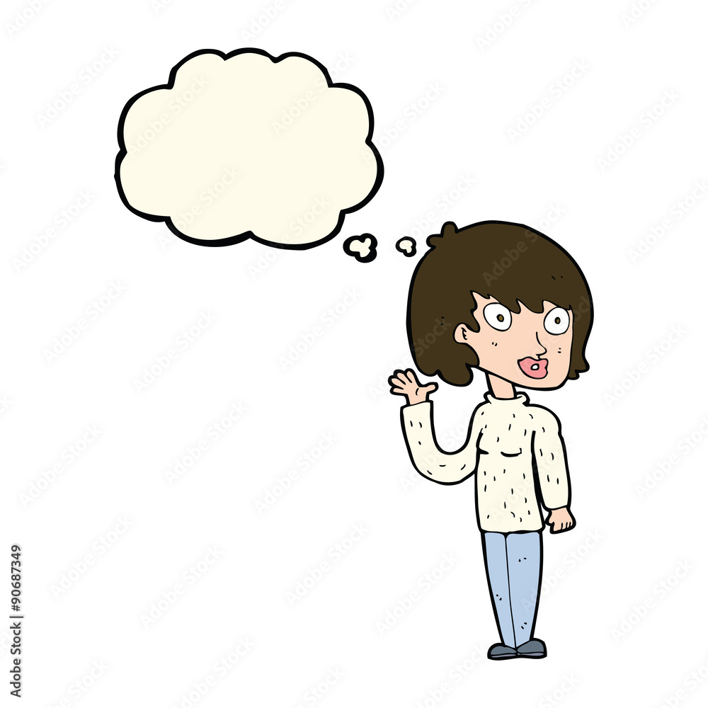 cartoon waving woman with thought bubble cartoon waving woman with thought bubble
