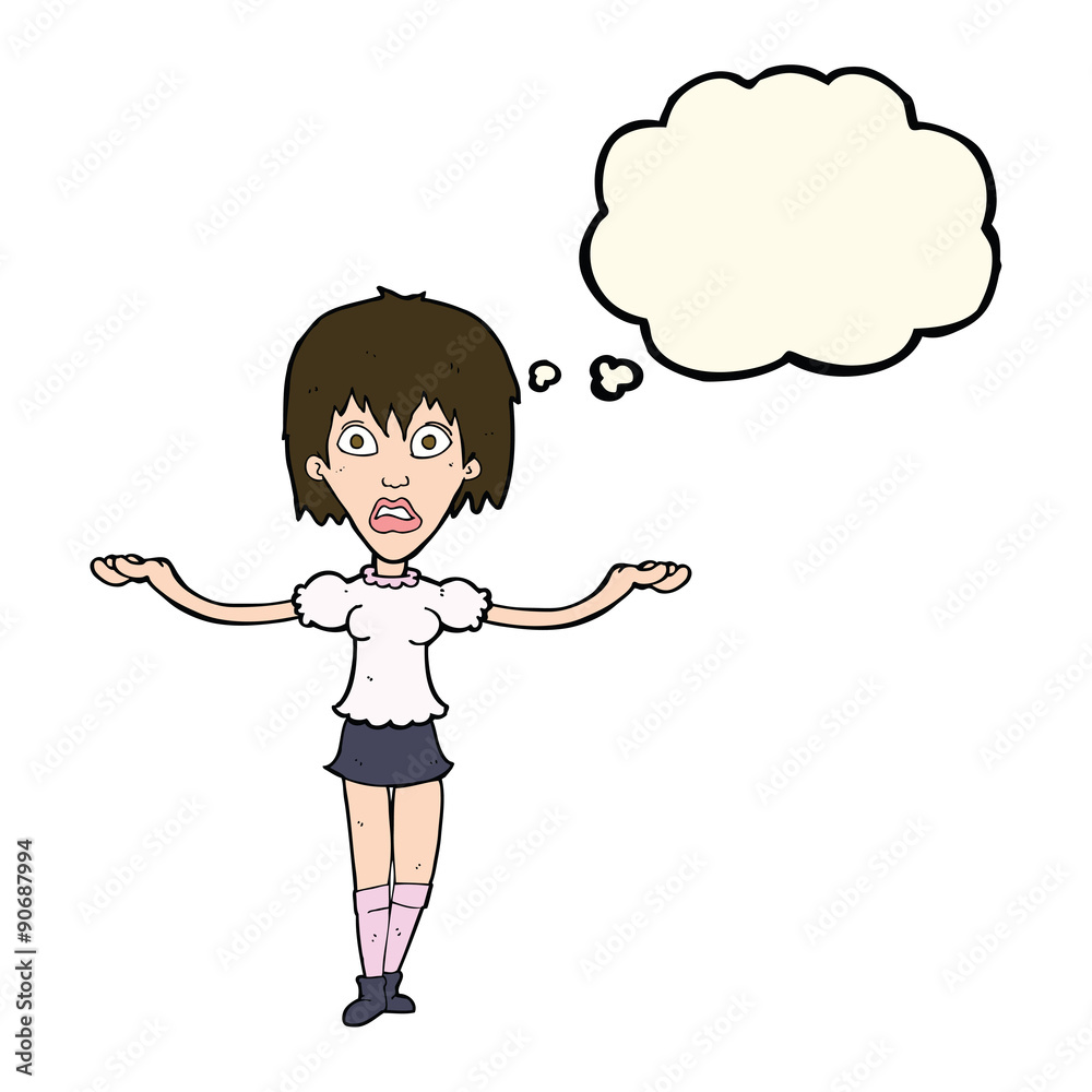 cartoon woman shrugging shoulders with thought bubble cartoon woman shrugging shoulders with thought bubble