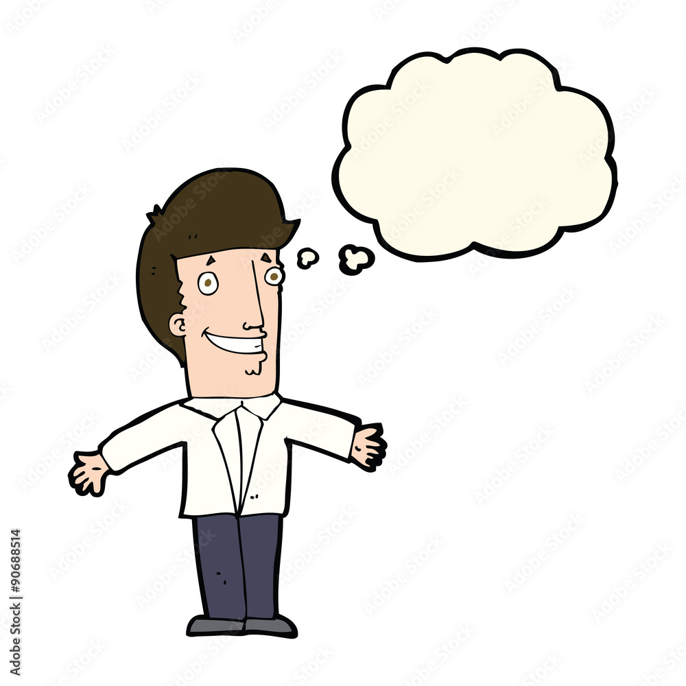 cartoon grining man with open arms with thought bubble cartoon grining man with open arms with thought bubble