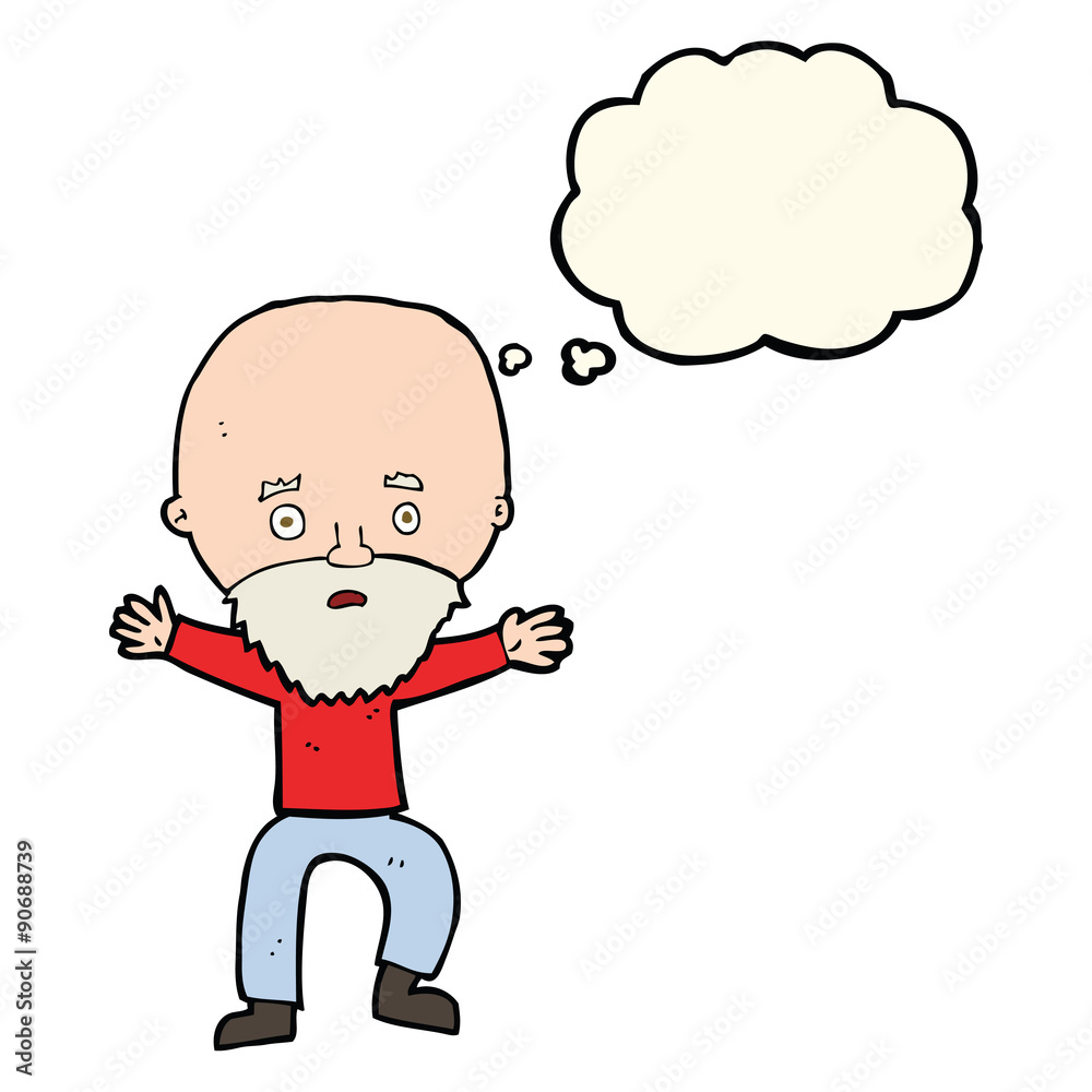 cartoon panicking old man with thought bubble