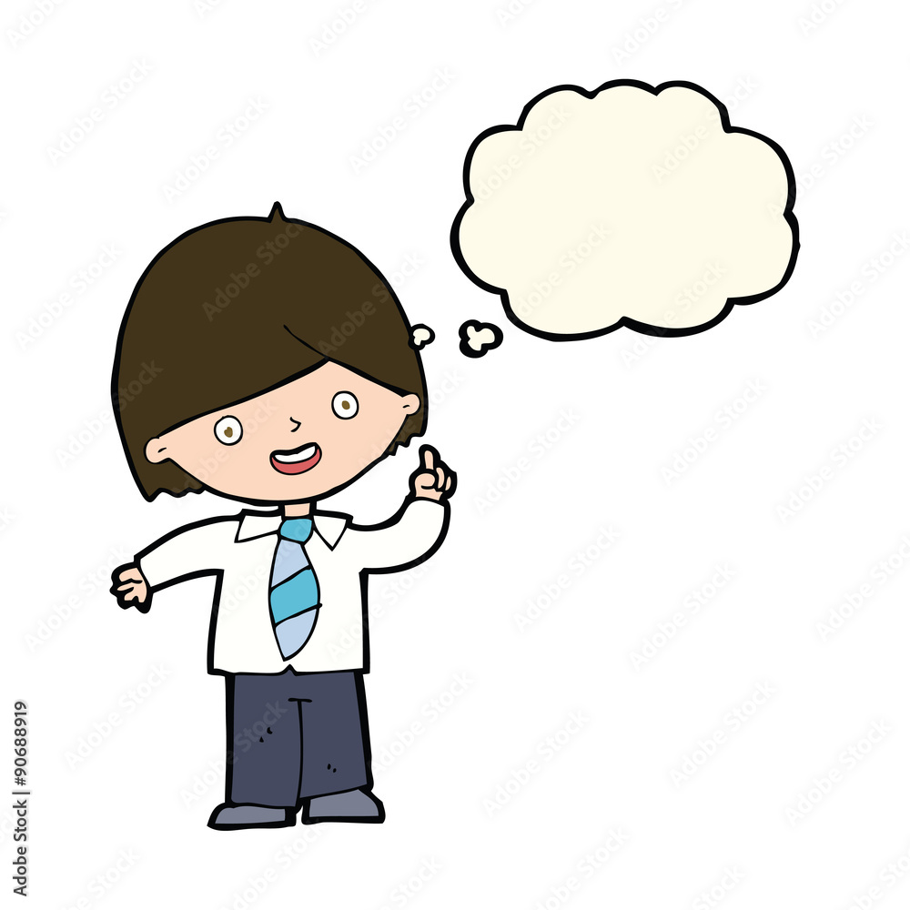 cartoon school boy answering question with thought bubble