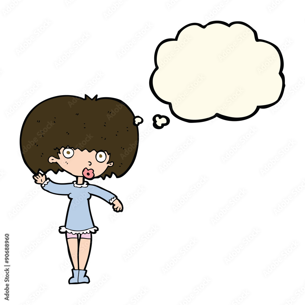 cartoon waving girl with thought bubble cartoon waving girl with thought bubble