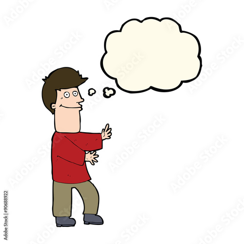cartoon man gesturing with thought bubble
