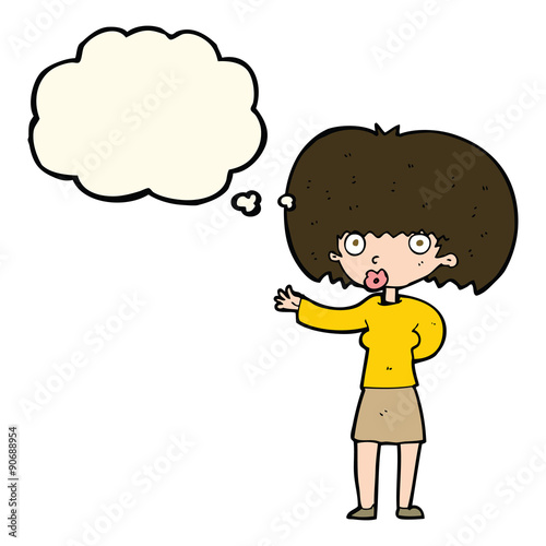 cartoon woman gesturing with thought bubble