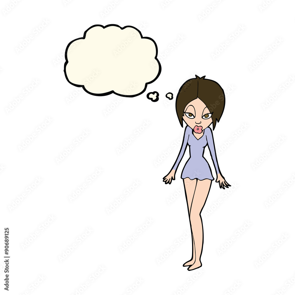 cartoon woman in short dress with thought bubble cartoon woman in short dress with thought bubble