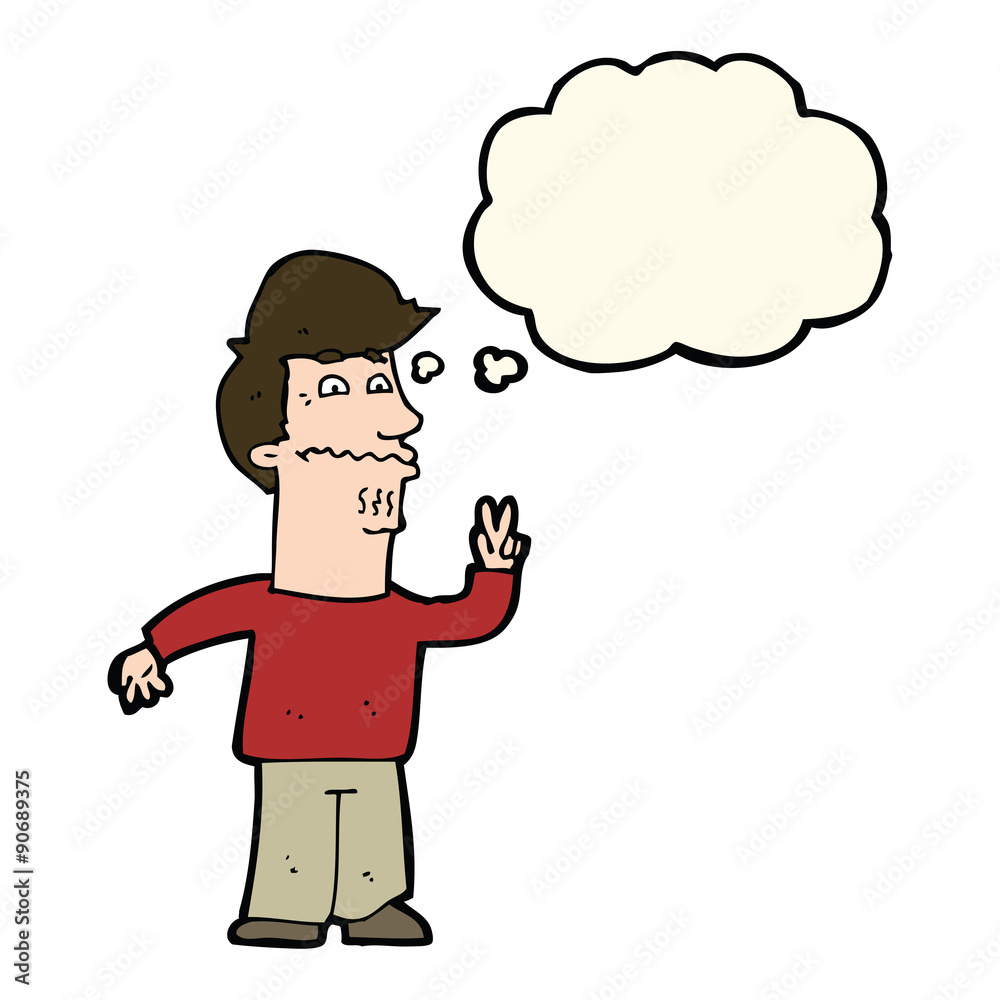 cartoon man giving peace sign with thought bubble