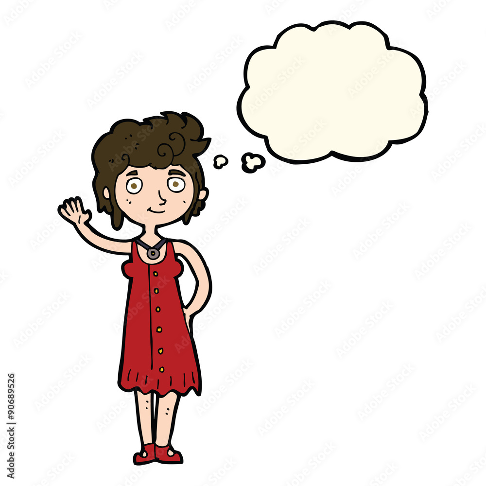 cartoon hippie woman waving with thought bubble cartoon hippie woman waving with thought bubble