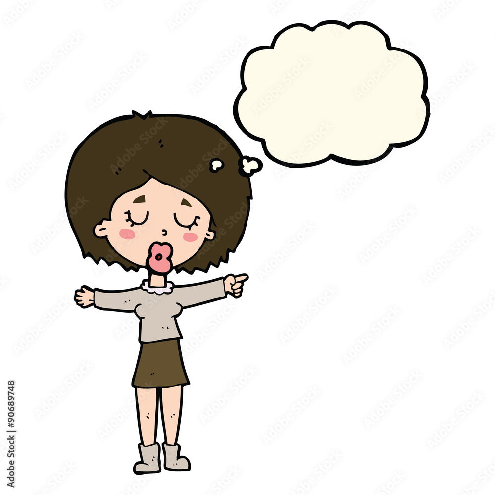 cartoon pointing woman with thought bubble