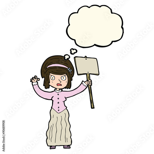 cartoon vicorian woman protesting with thought bubble
