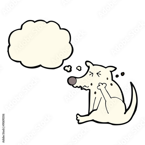 cartoon dog scratching with thought bubble
