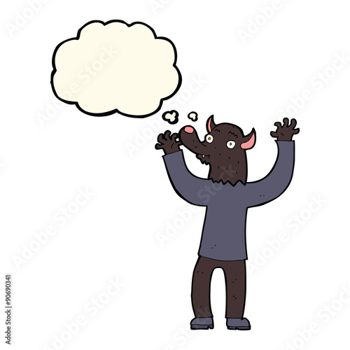 cartoon happy werewolf man with thought bubble