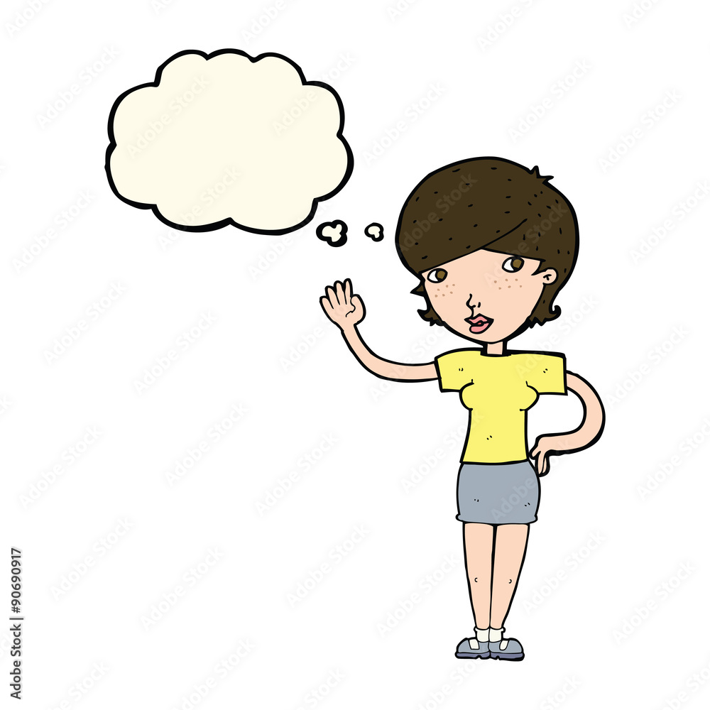 cartoon woman waving with thought bubble cartoon woman waving with thought bubble