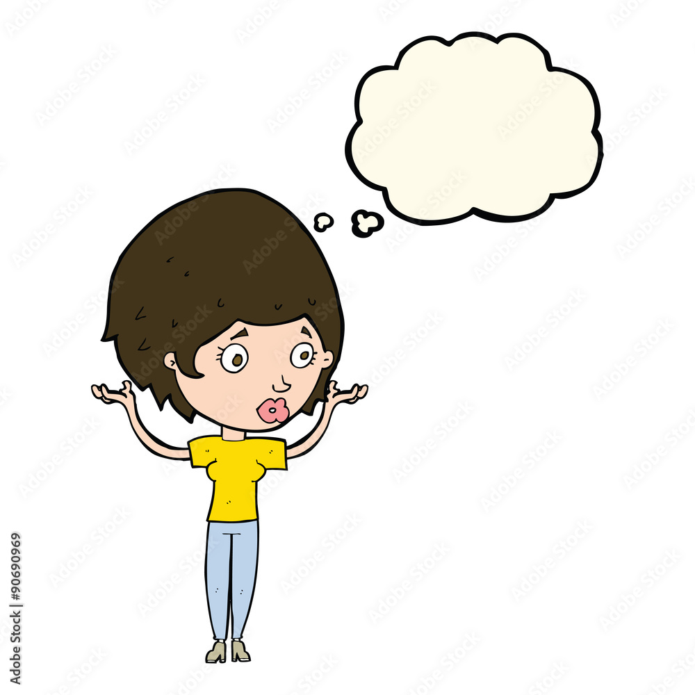 cartoon woman raising hands in air with thought bubble cartoon woman raising hands in air with thought bubble