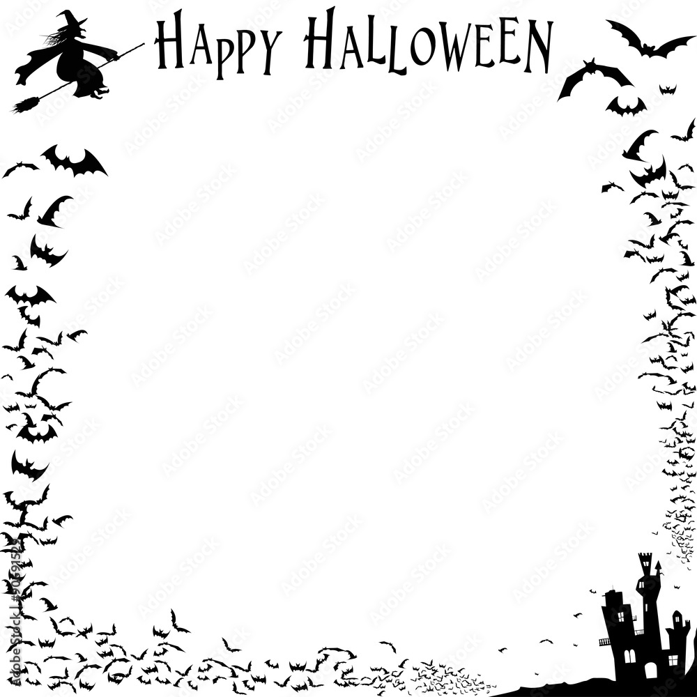 Halloween Frame with a flock of bats, a flying witch and a dark castle. black and white, vector illustration.