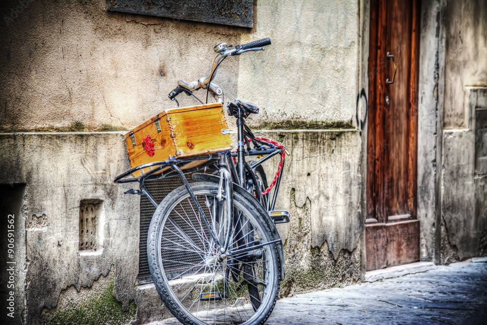 old bicycle with wooden case in hdr