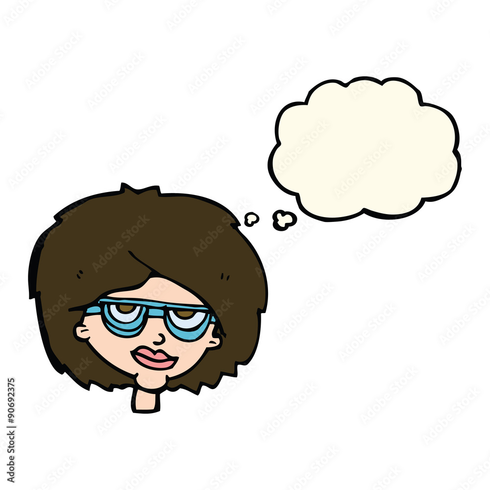 cartoon woman wearing spectacles with thought bubble cartoon woman wearing spectacles with thought bubble