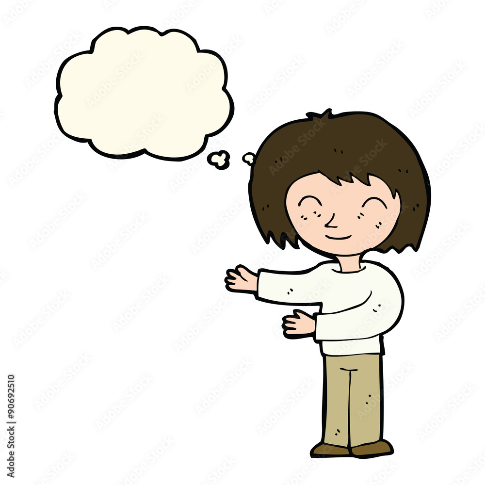 cartoon woman gesturing welcome with thought bubble cartoon woman gesturing welcome with thought bubble