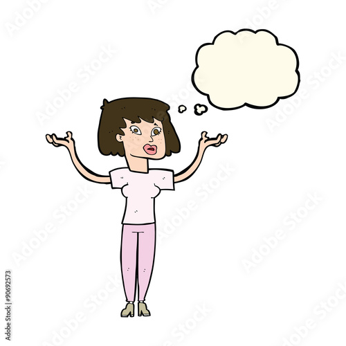 cartoon woman holding up hands with thought bubble