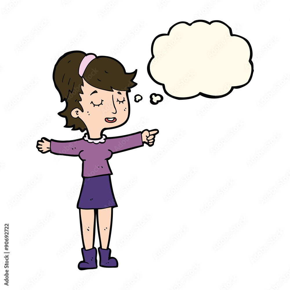 cartoon happy woman pointing with thought bubble cartoon happy woman pointing with thought bubble