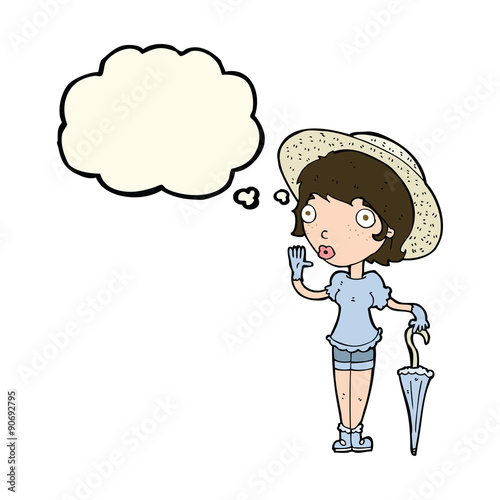 cartoon woman in summer hat waving with thought bubble