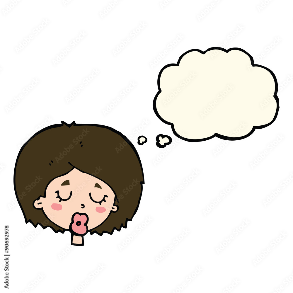 cartoon woman with eyes closed with thought bubble cartoon woman with eyes closed with thought bubble
