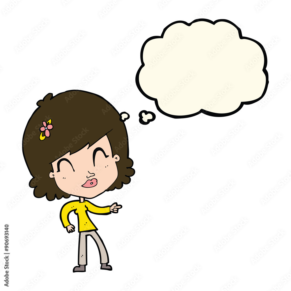 cartoon happy woman pointing with thought bubble cartoon happy woman pointing with thought bubble