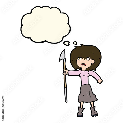 cartoon woman with harpoon with thought bubble