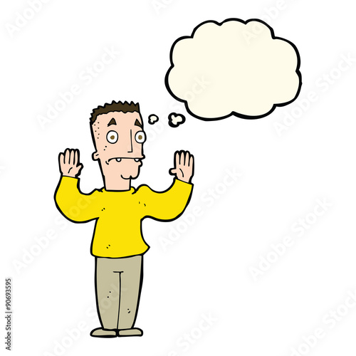 cartoon man surrendering with thought bubble