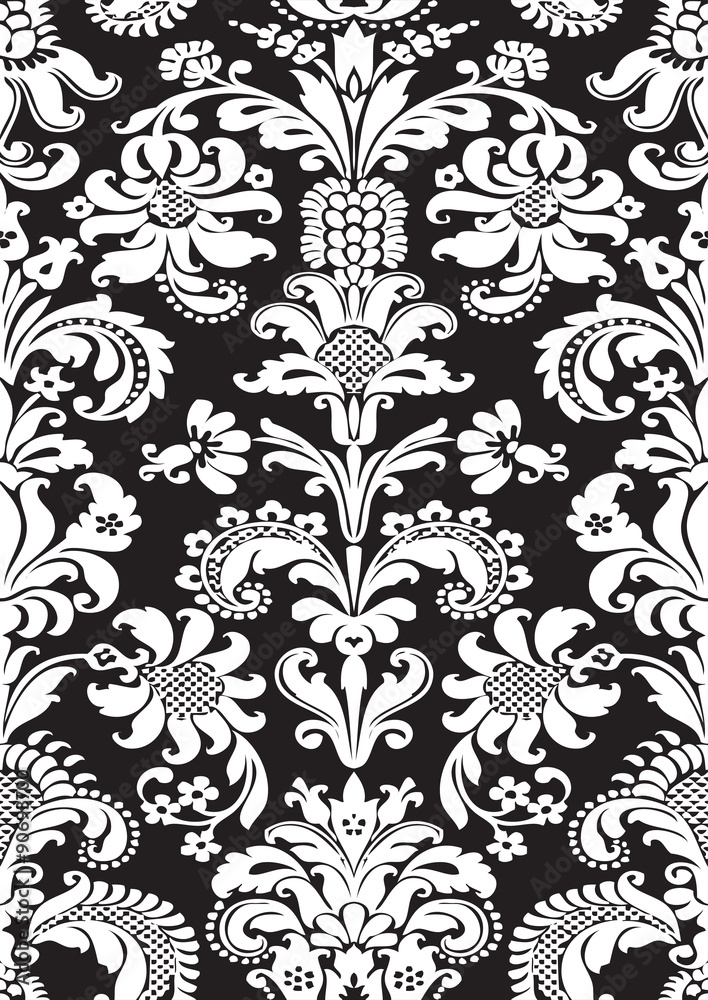 Vector seamless floral damask pattern black and white