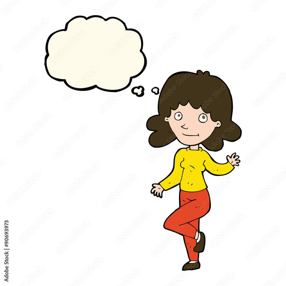 cartoon friendly woman waving with thought bubble cartoon friendly woman waving with thought bubble