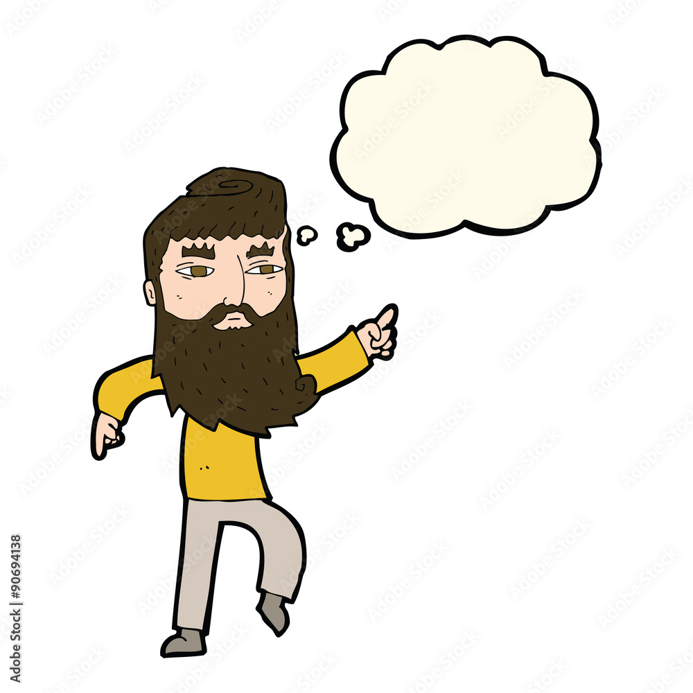 cartoon bearded man pointing the way with thought bubble